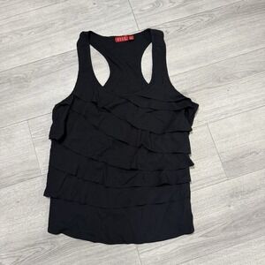 ELLE Womens Black Ruffle Tiered Sleeveless Tank Top Scoop Neck Racerback XL